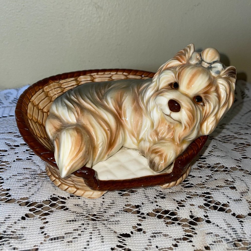 Vintage Japan Yorkie Terrier Dog in Basket Figurine Collectible